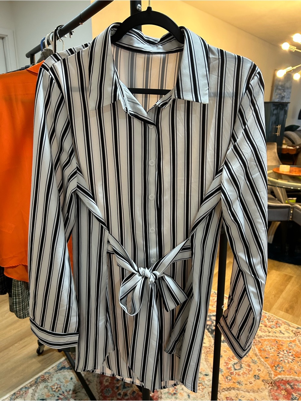 Women's Black & White Striped Tie-Waist Shirt Dress